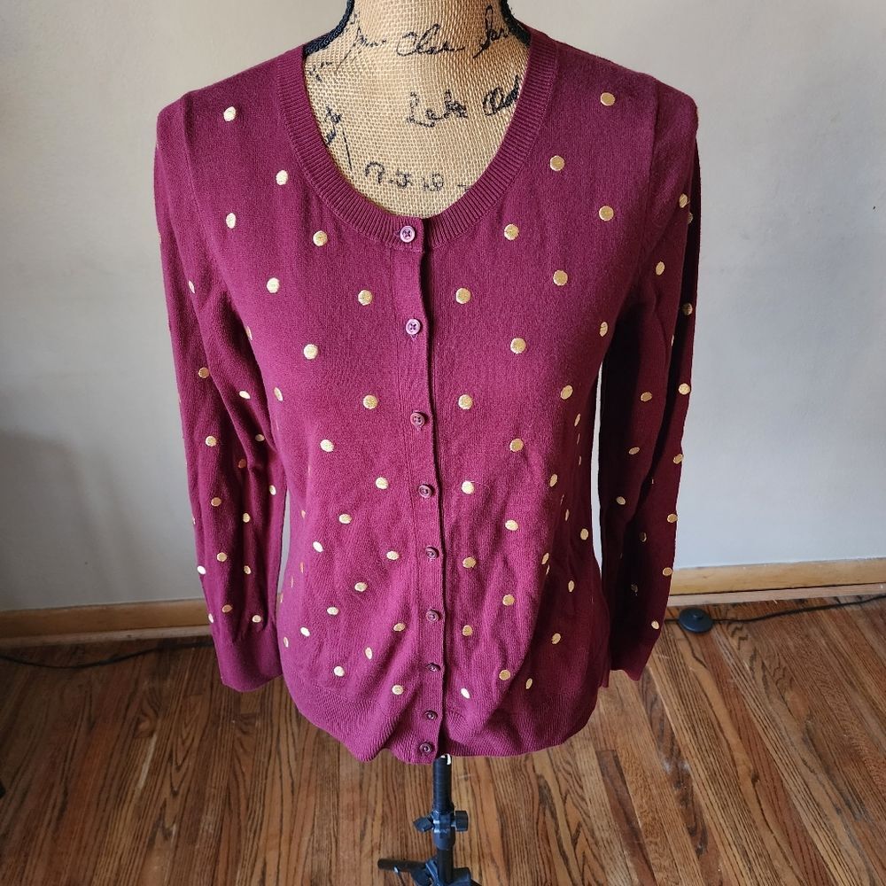 Old Navy Preppy Burgundy Gold Polka Dot Crewneck Button Up Cardigan Medium NWT